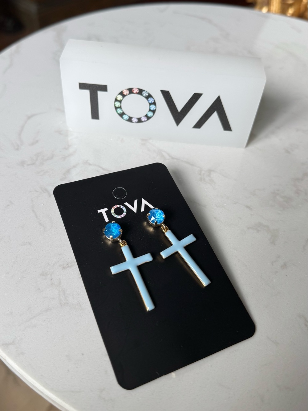 TOVA Blue Cross enamel with stone earrings.